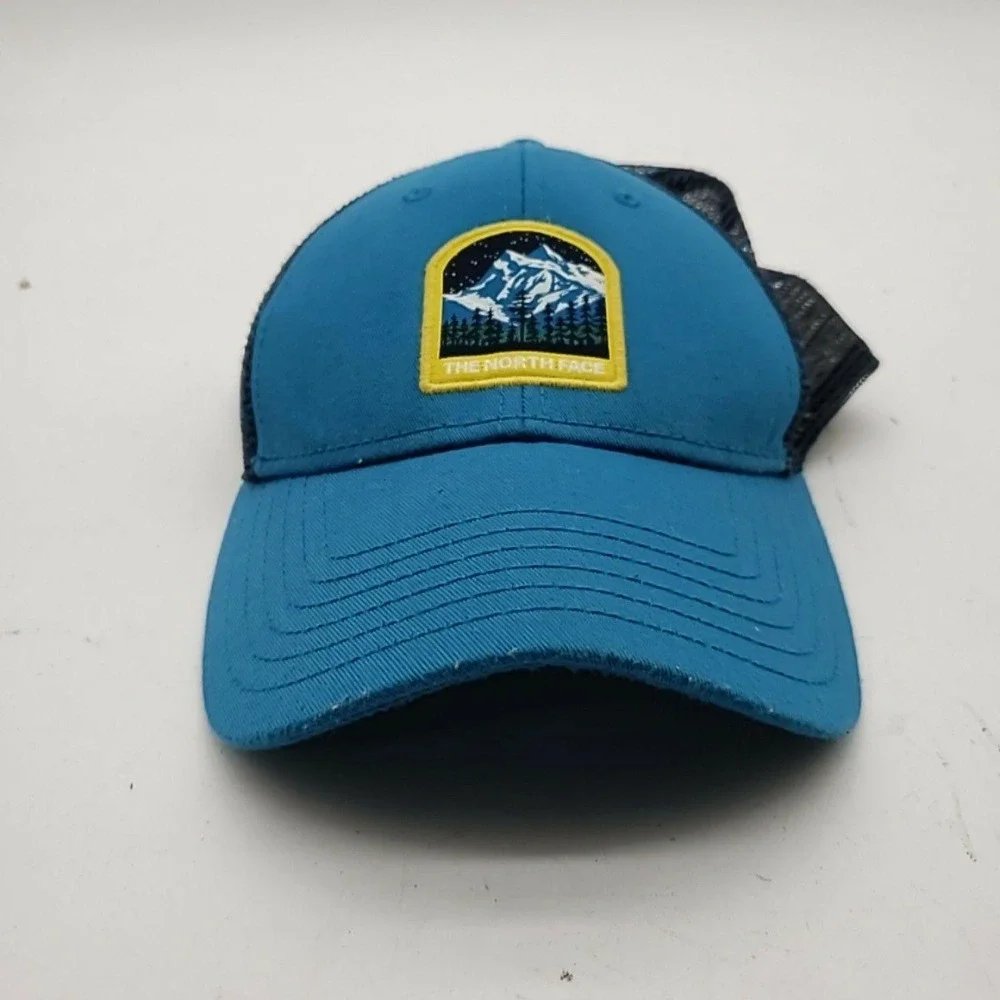 The North Face Hat Cap Snap Back Blue Mesh Trucker Mountain Patch Mens One Size